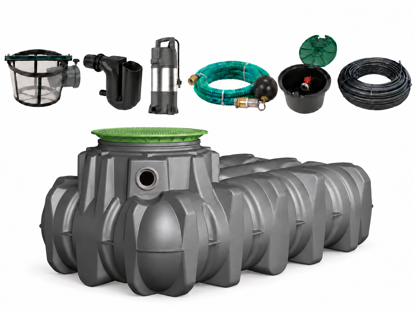 Regenwatersysteem tuin, compleet tuinpakket met platte regenwatertank – 1.500 tot 7.500 liter